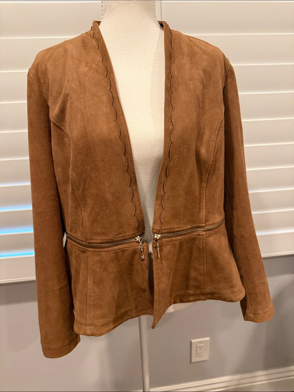 Chico's Scalloped Suede Zip-Peplum Jacket - Chestnut Brown